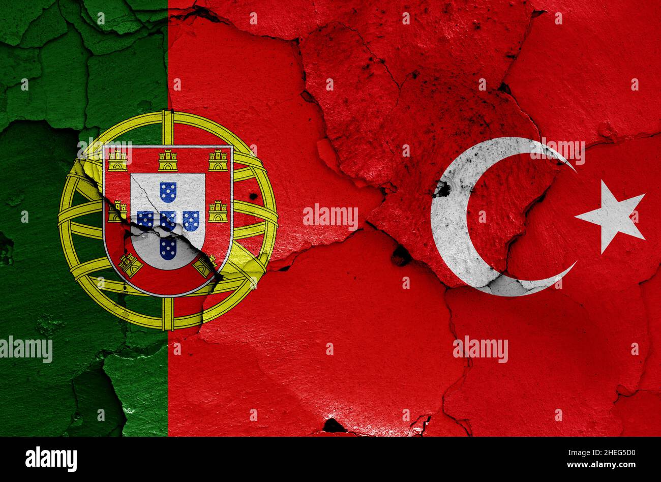 flags of Portugal and Turkey painted on cracked wall Stock Photo