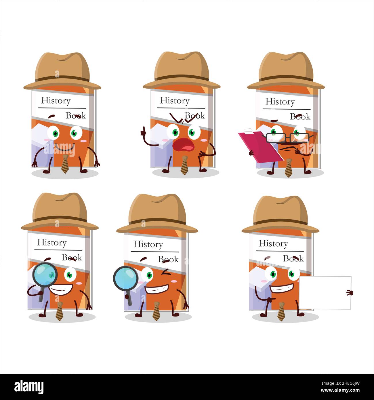 Detective history books cute cartoon character holding magnifying glass
