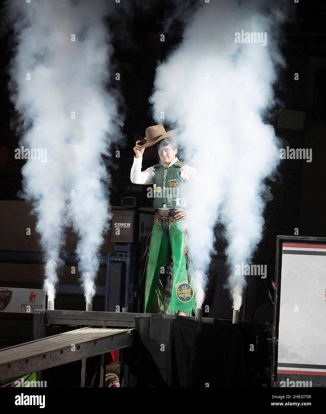 Denver, Colorado, USA. 10th Jan, 2022. Bull Rider DAYLON SWEARINGEN gets introduced to the crowd during the PBR Denver Chute Out Monday evening at the Denver Coliseum. The Finals will end on Wed. evening, and will crown the 2022 Champion. (Credit Image: © Hector Acevedo/ZUMA Press Wire) Stock Photo