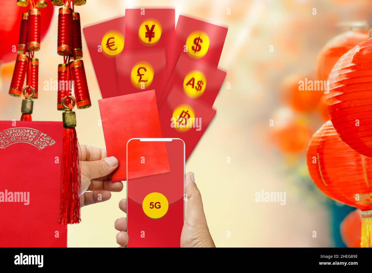 Chinese new year , mobile red pocket wallet on cellphone. Stock Photo