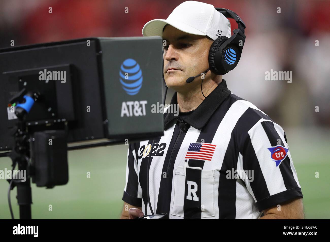 Indianapolis, United States. 10th Jan, 2022. A referee reviews a Georgia Bulldogs fumble and turnover to the Alabama Crimson Tide during the second half of the 2022 NCAA National Championship football game at Lucas Oil Stadium in Indianapolis, Indiana, on Monday, January 10, 2022. Photo by Aaron Josefczyk/UPI Credit: UPI/Alamy Live News Stock Photo