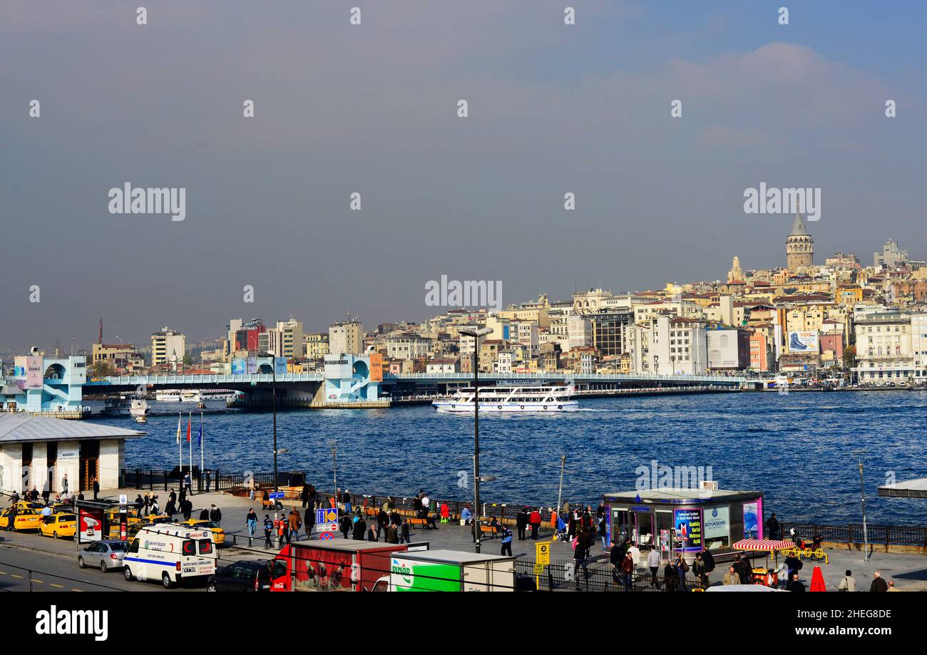 A view of the Golden Horn with the Galata tower in the background in Istanbul, Turkey. Stock Photo