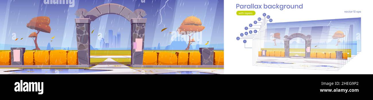 Parallax background stone gates to autumn city park at rainy weather ...