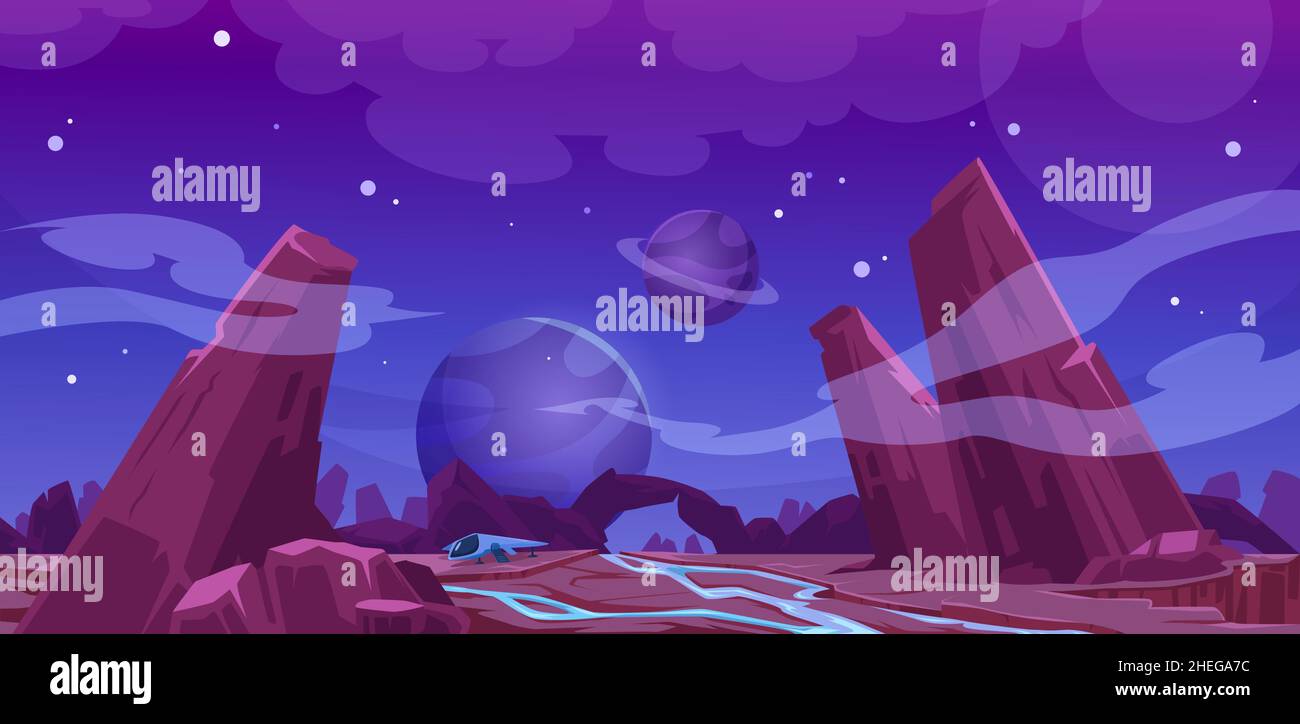 Spaceship on alien planet surface at night. Vector cartoon illustration ...