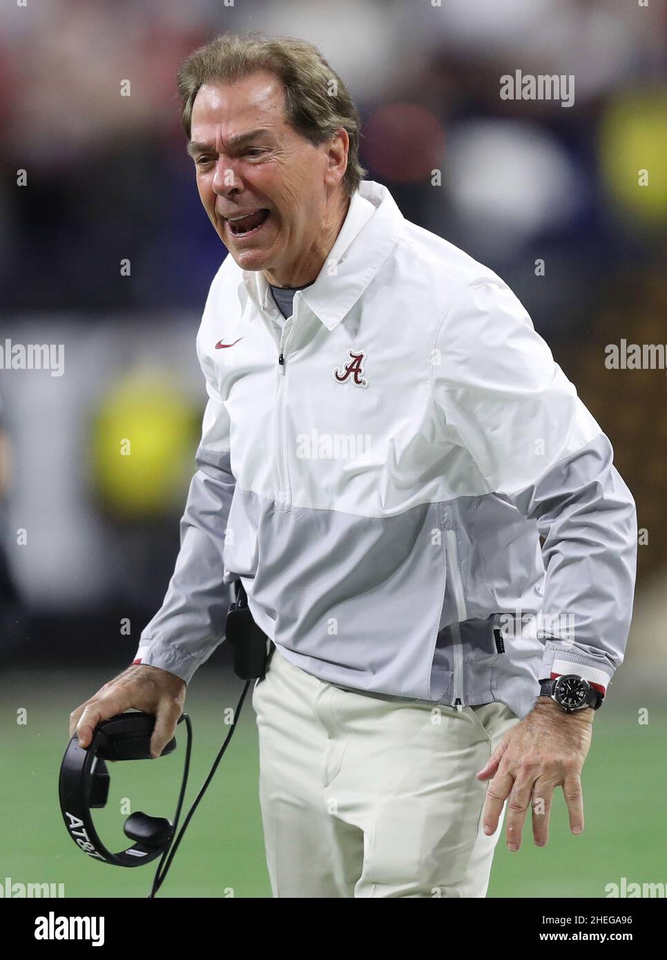 Indianapolis, United States. 10th Jan, 2022. Alabama Crimson Tide head coach Nick Saban reacts to a call during the second half of the 2022 NCAA National Championship football game against Georgia at Lucas Oil Stadium in Indianapolis, Indiana, on Monday, January 10, 2022. Photo by Aaron Josefczyk/UPI Credit: UPI/Alamy Live News Stock Photo