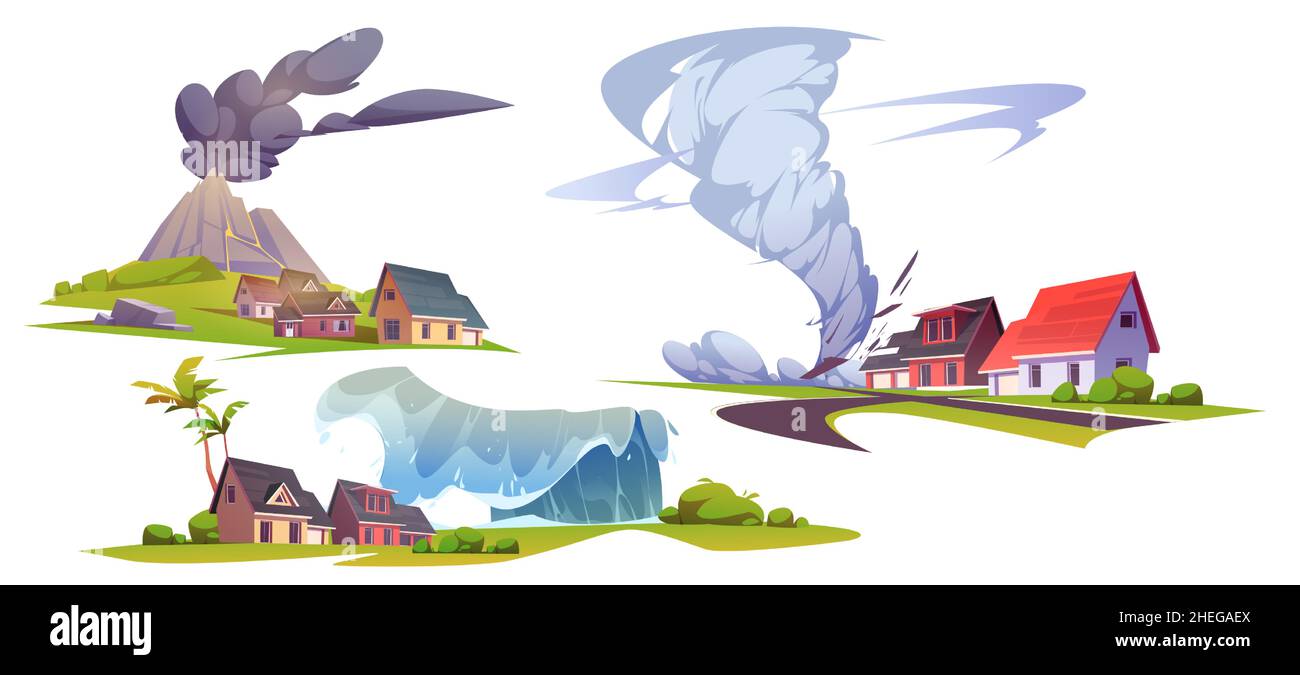 Natural disasters, volcanic eruption, tsunami and tornado. Vector cartoon set of illustration of nature cataclysms with houses, volcano, water wave and wind storm Stock Vector