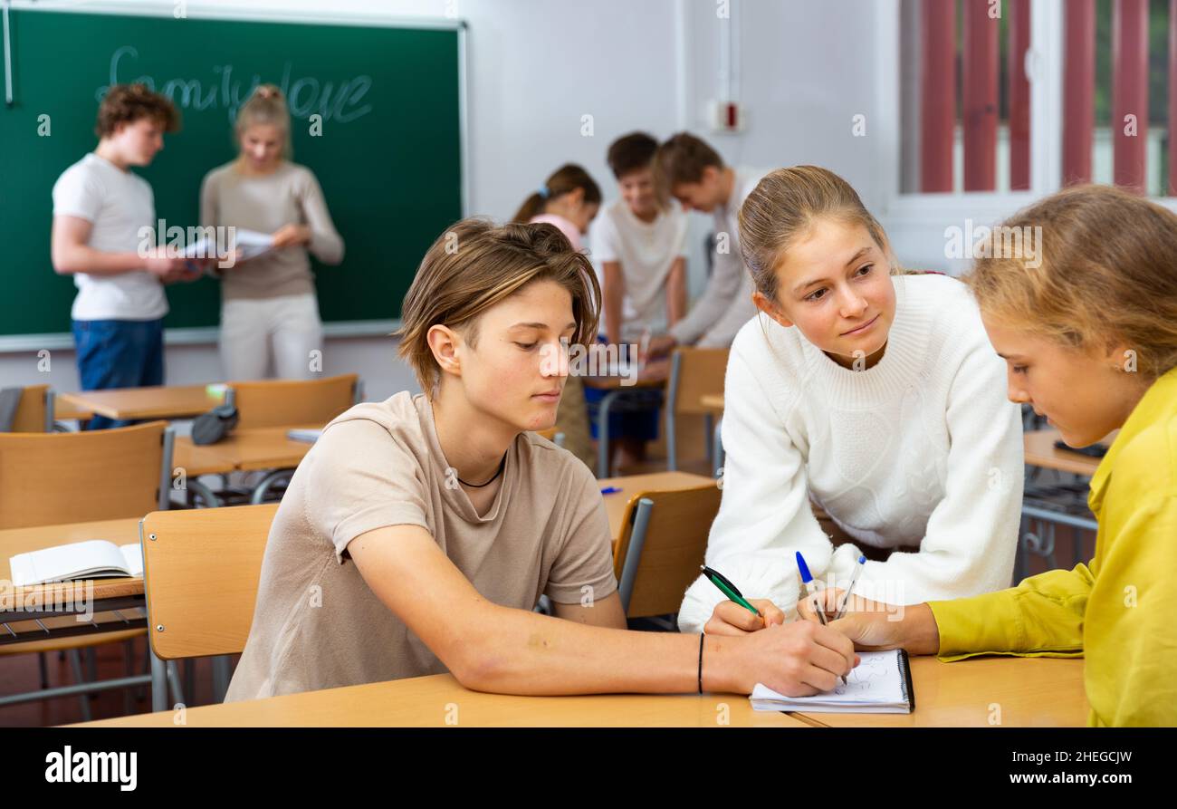 Schoolchilds working in groups at lesson Stock Photo