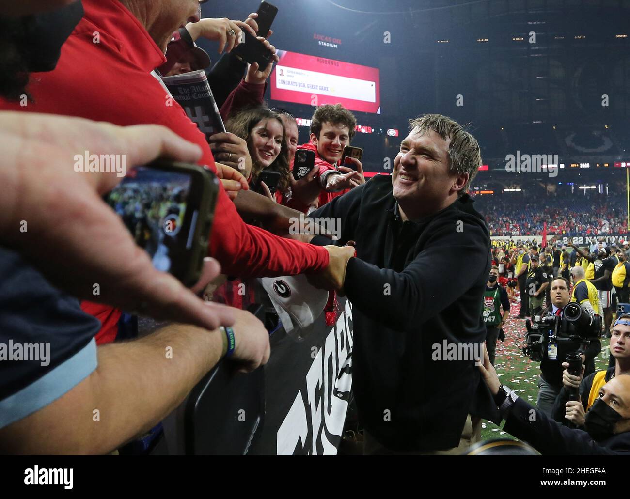 Georgia Bulldogs head coach Kirby Smart greets fans after defeating Alabama, USA. , . NCAA National Championship football game at Lucas Oil Stadium in Indianapolis, Indiana, on Monday, January 10, 2022. Photo by Aaron Josefczyk/UPI Credit: UPI/Alamy Live News Stock Photo