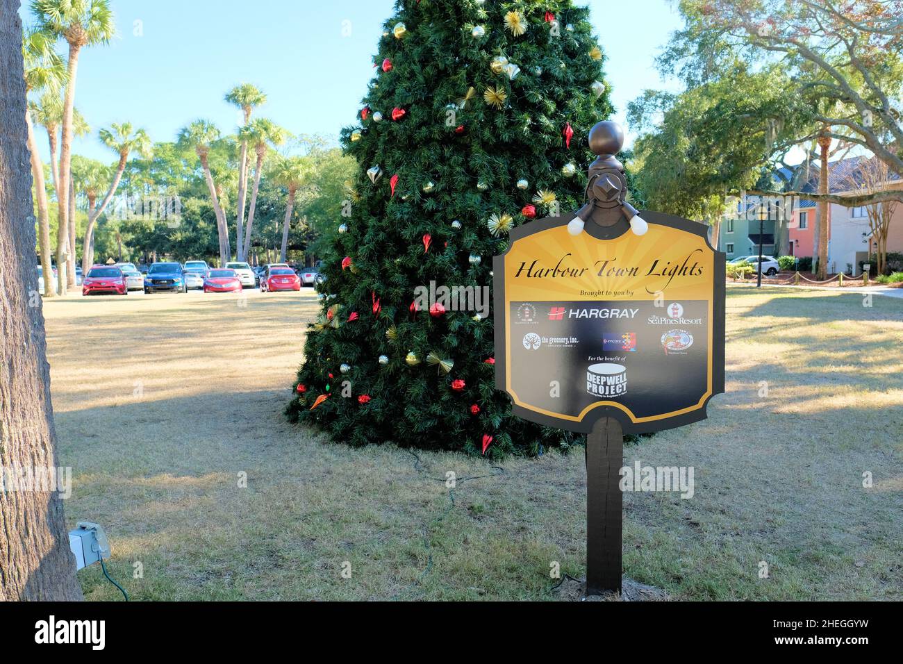 Harbour Town Lights Christmas tree; centerpiece of the seasonal light show with illuminated holiday decorations; Hilton Head, South Carolina, USA. Stock Photo