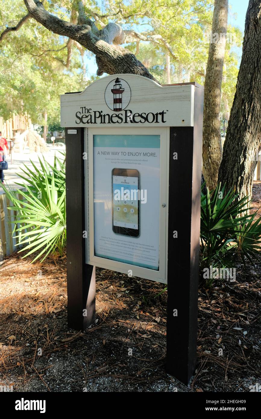 Information display case at The Sea Pines Resort in Hilton Head, South Carolina advertising a phone app to access local deals and services. Stock Photo
