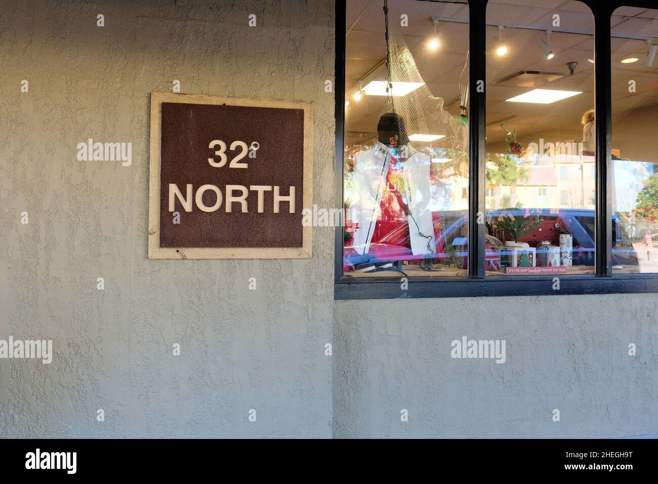 Sign at 32 Degrees North, a leisure store featuring outdoor apparel