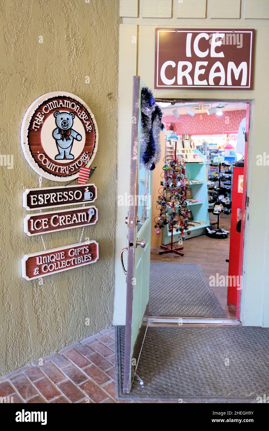 Exterior sign at Cinnamon Bear Country Store, selling coffee, ice cream, toys, souvenirs in Harbour Town, Hilton Head, South Carolina, USA; gift shop. Stock Photo
