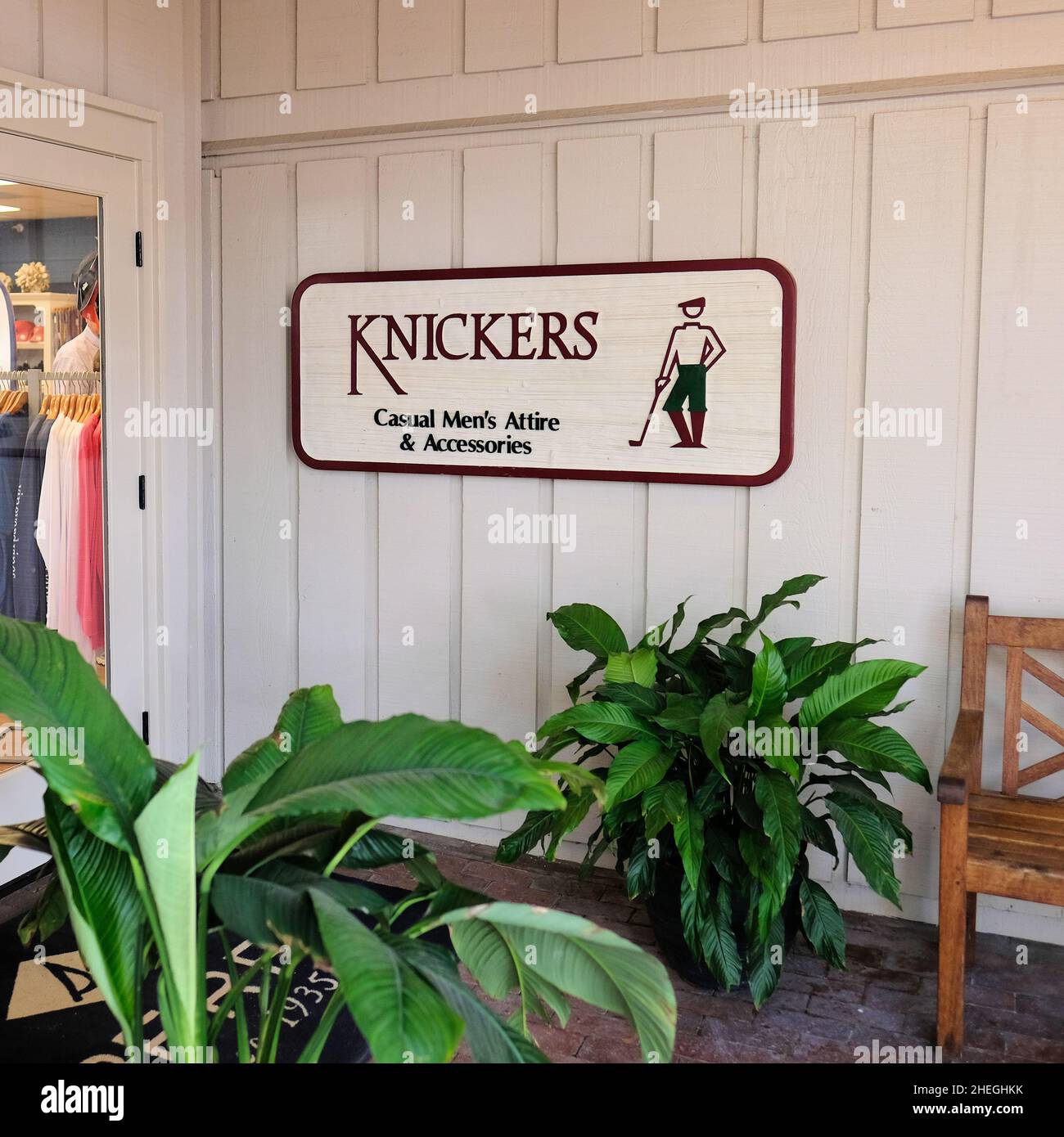 Sign outside Knickers Casual Menswear store at Harbour Town in the marina in Hilton Head, South Carolina, USA; men's clothing store. Stock Photo
