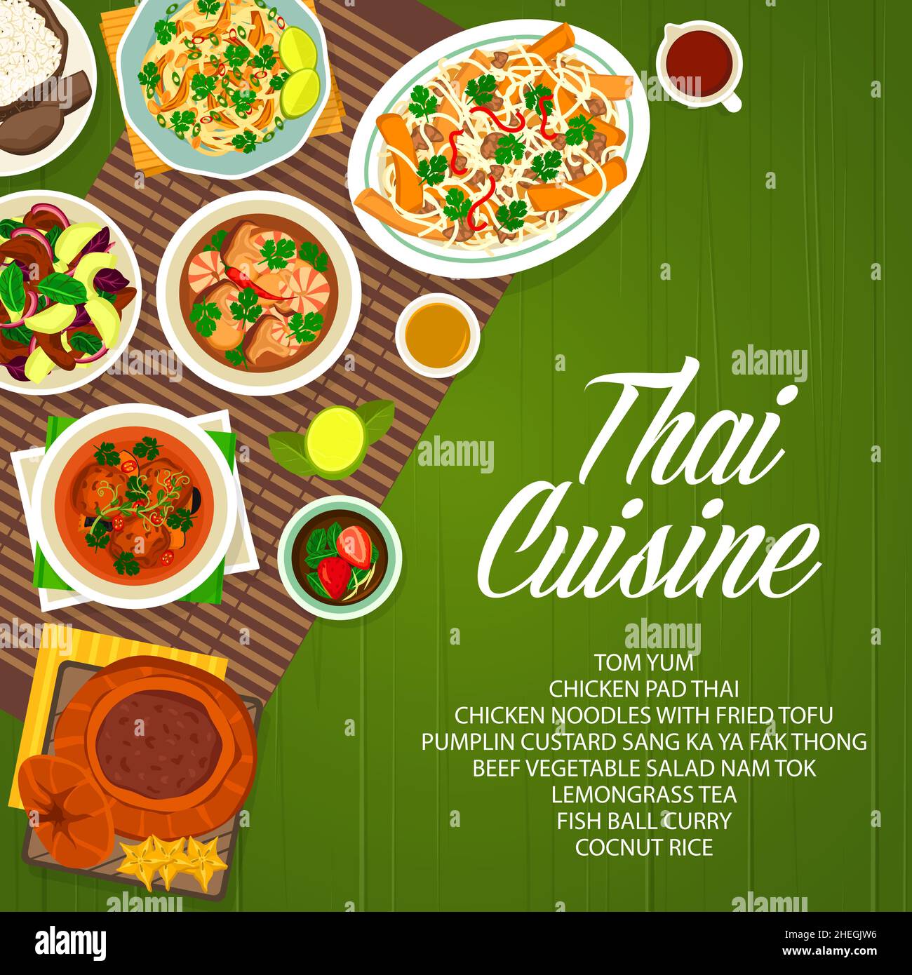 Thai cuisine food menu cover, Thailand Asian restaurant dishes for