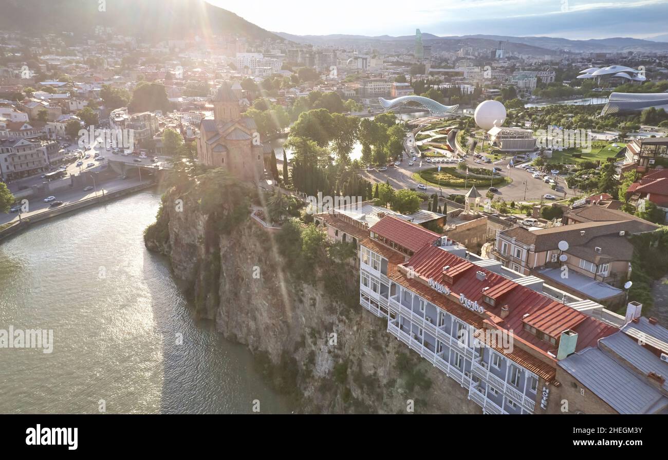 Old Tbilisi center background on Kura river. Famous Georgia travel sightseeing Stock Photo