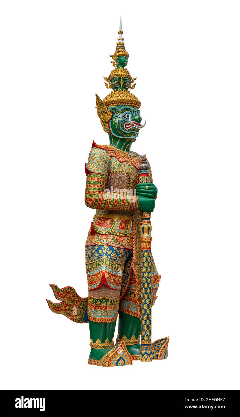 Isolated full body Ravana giant statue on white background, 45 degree angle view, traditional giant figure of Thailand Arts. General Thailand giant in Stock Photo