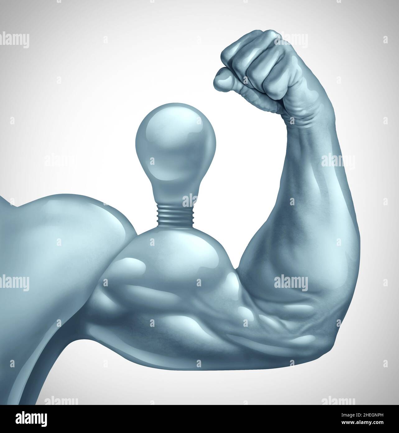 Idea of power and Powerful strong creative ideas metaphor and business creativity strength as a light bulb or lightbulb with muscles as a symbol. Stock Photo
