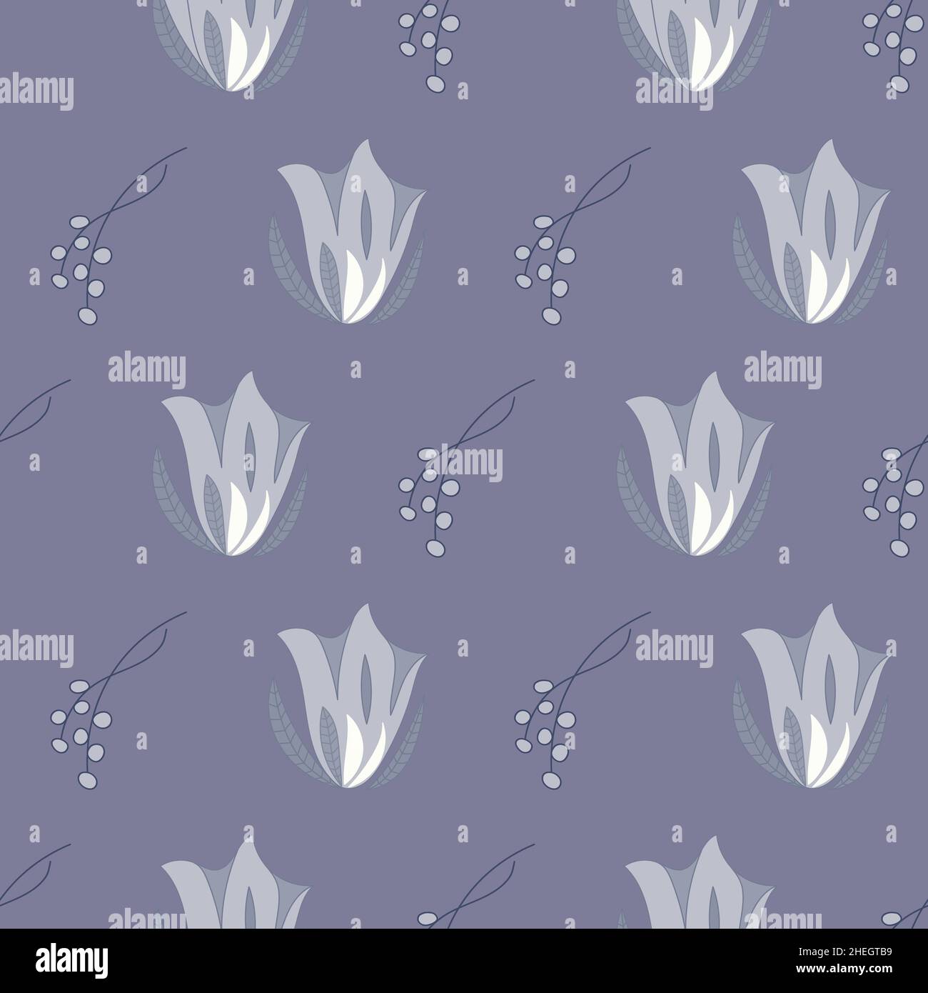 Floral seamless pattern with grey Eustoma flowers on purple background. Stock Vector