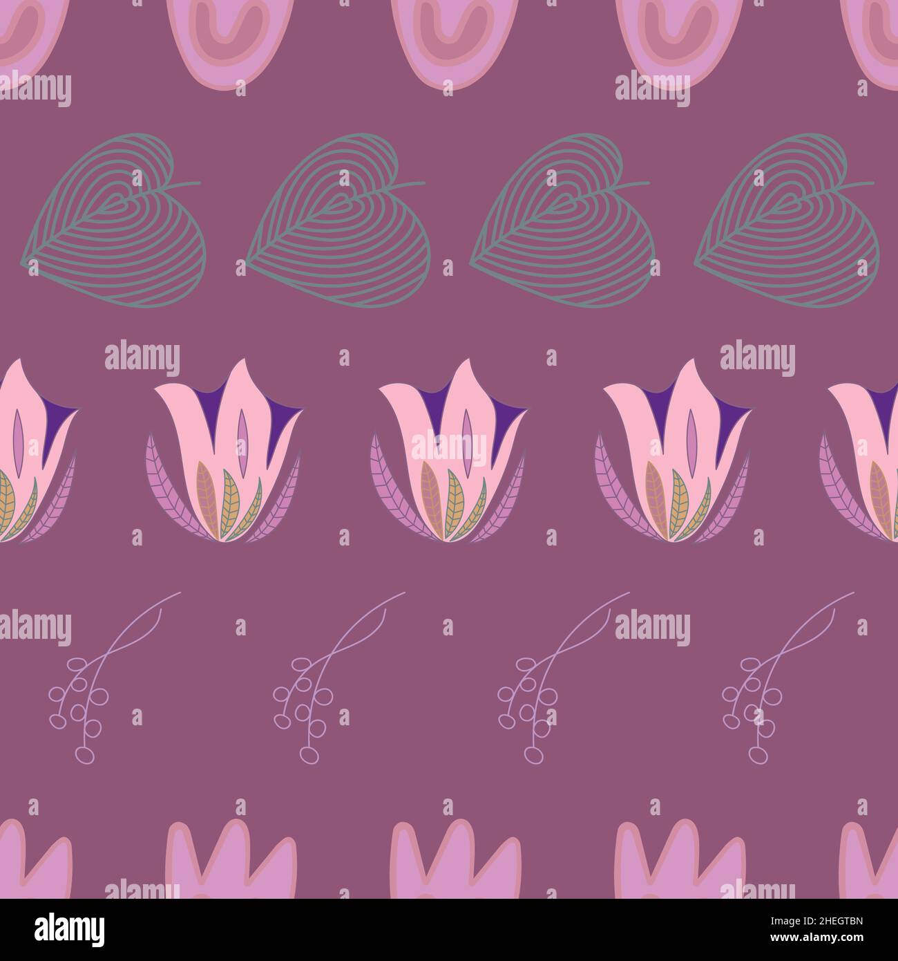 Floral seamless pattern with pink flowers arranged in rows on plum colour background. Stock Vector