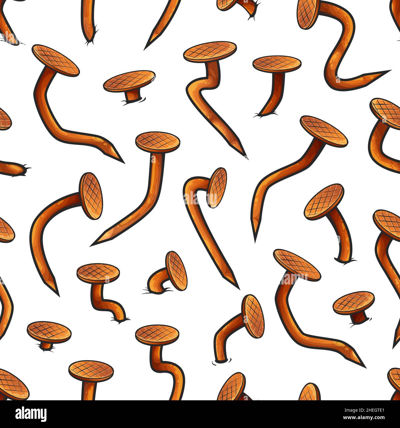 Seamless pattern of rusty metal bent nails and heads, vector background. Cartoon crooked nails and hobnails bent by hammer, old pins or spikes pattern Stock Vector