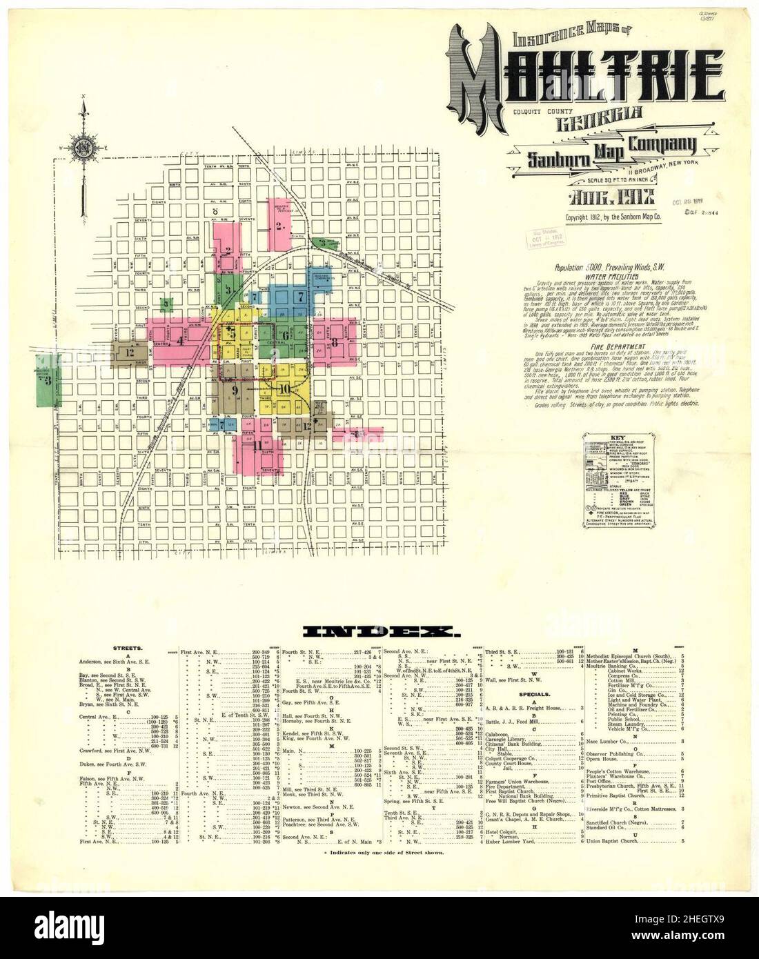 Sanborn Fire Insurance Map from Moultrie, Colquitt County, Georgia. Stock Photo