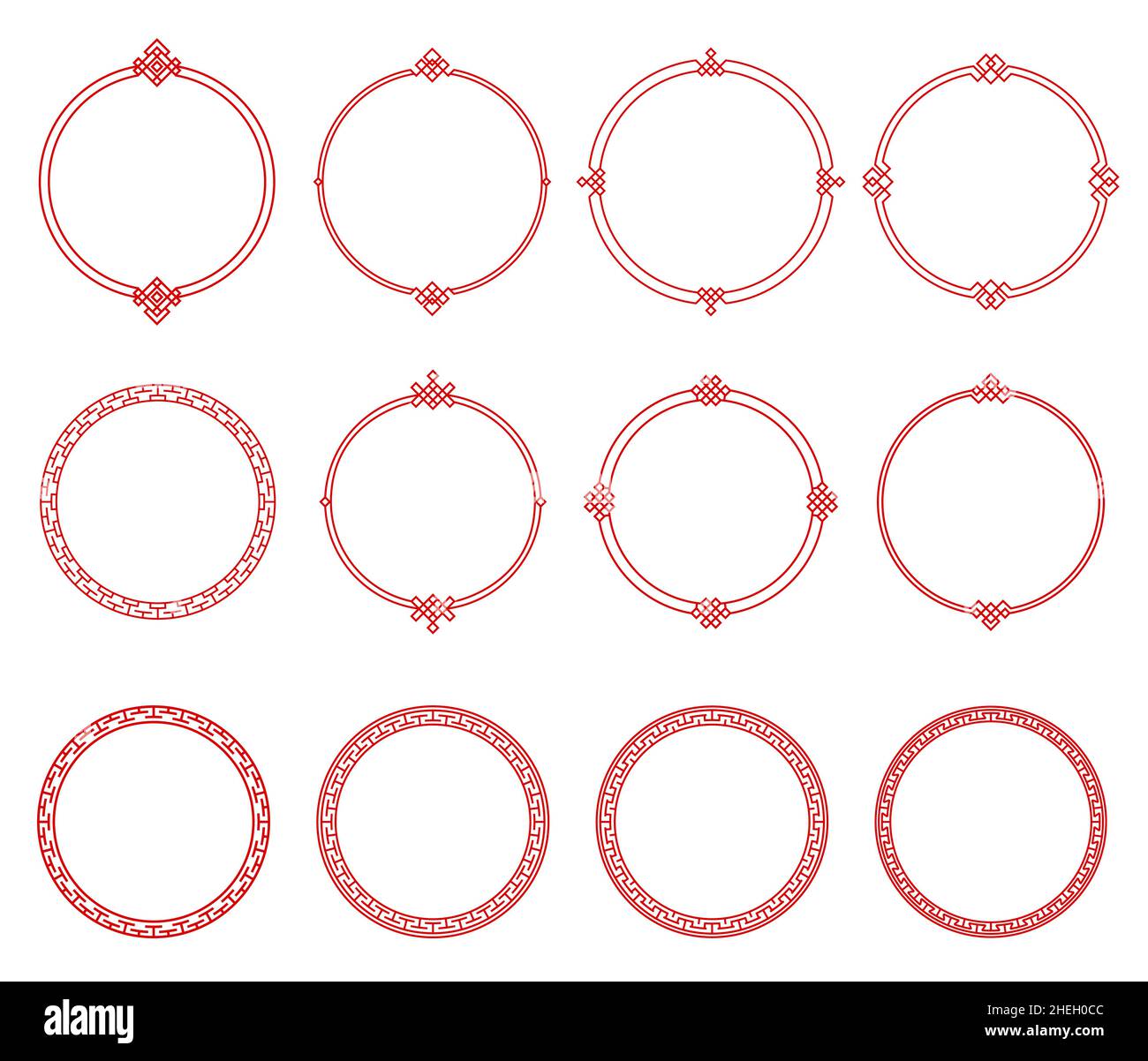 Round red Asian frames and borders, Japanese, Korean and Chinese