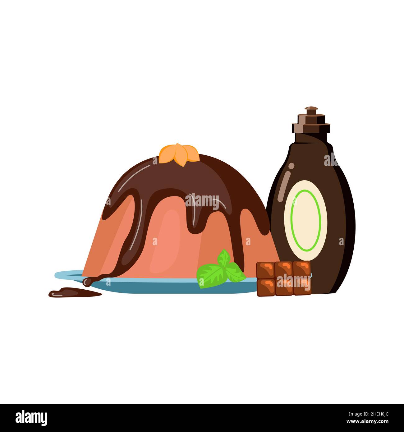 Chocolate pudding with fresh mint and chocolate sauce. Traditional