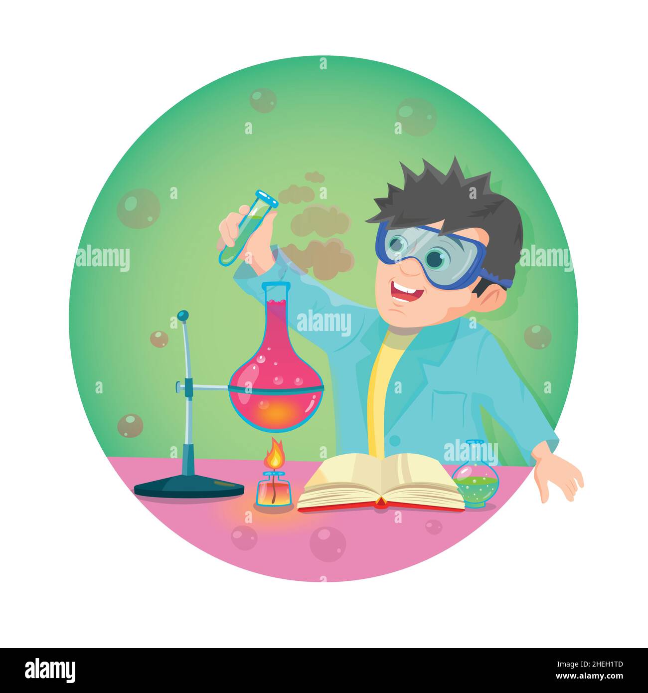 Baby kid doing chemistry experiments. Holding flask and test tube in hands. Young scientist conducts experiments. Stock Vector