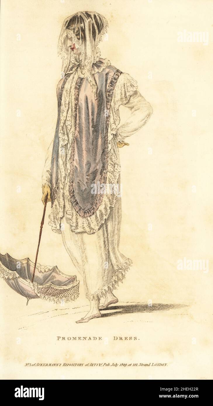 Regency woman in promenade dress of fine French cambric trimmed with Vandyke lace. Tyrolese cloak of lilac sarsnet edged with Venetian binding. Lilac parasol with white Chinese awning, gloves of Limerick or York tan. Plate 5, July 1 1809. Handcoloured copperplate engraving by Thomas Uwins from Rudolph Ackermann's Repository of Arts, London. Stock Photo