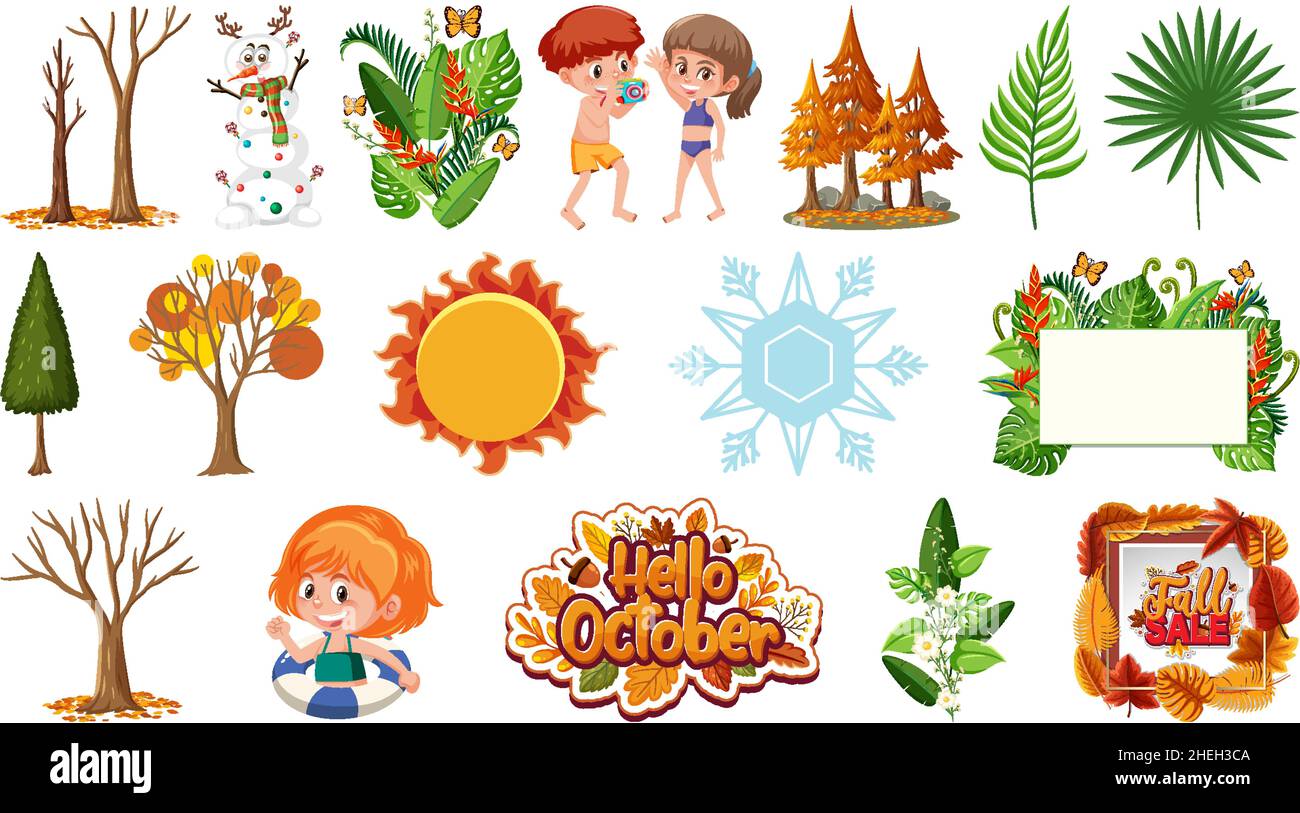 Set of four seasons trees and nature objects illustration Stock Vector ...