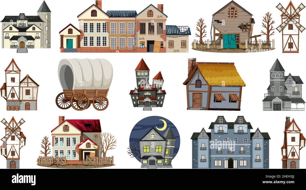 Set of abandoned houses and buildings illustration Stock Vector Image ...