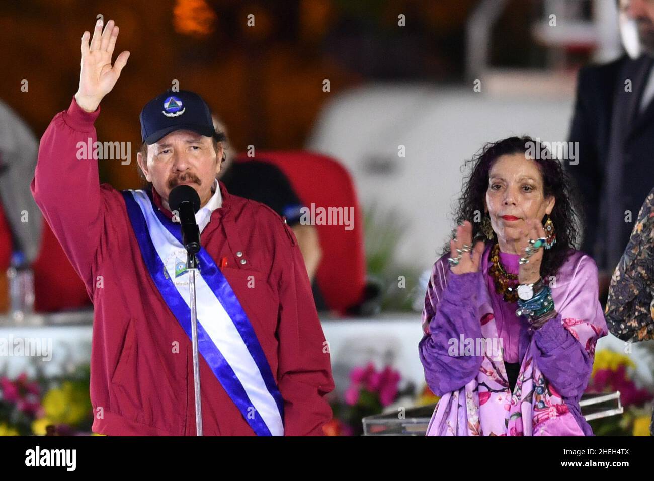 Managua, Nicaragua. 10th Jan, 2022. Nicaraguan President Daniel Ortega (L) and Vice President Rosario Murillo attend the swearing-in ceremony for a new presidential term in Managua, Nicaragua, Jan. 10, 2022. Nicaraguan President Daniel Ortega was sworn in for a new presidential term on Monday. Ortega and Vice President Rosario Murillo were reelected in the last general election in November last year. Credit: Xin Yuewei/Xinhua/Alamy Live News Stock Photo