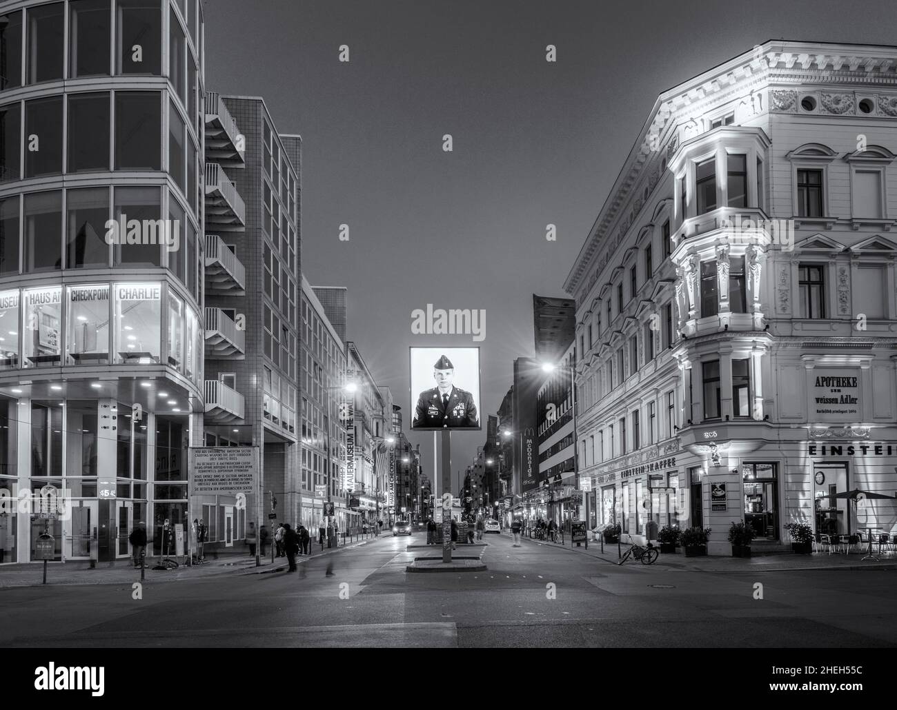 Night view of Checkpoint Charlie in Berlin Germany Stock Photo