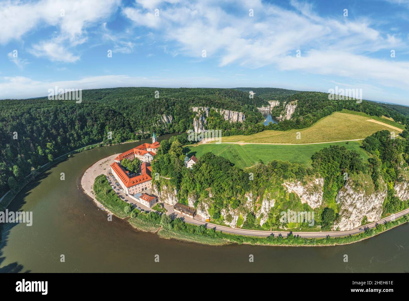 Impressive aerial views to Danube valley and gorge near monastery of Weltenburg Stock Photo