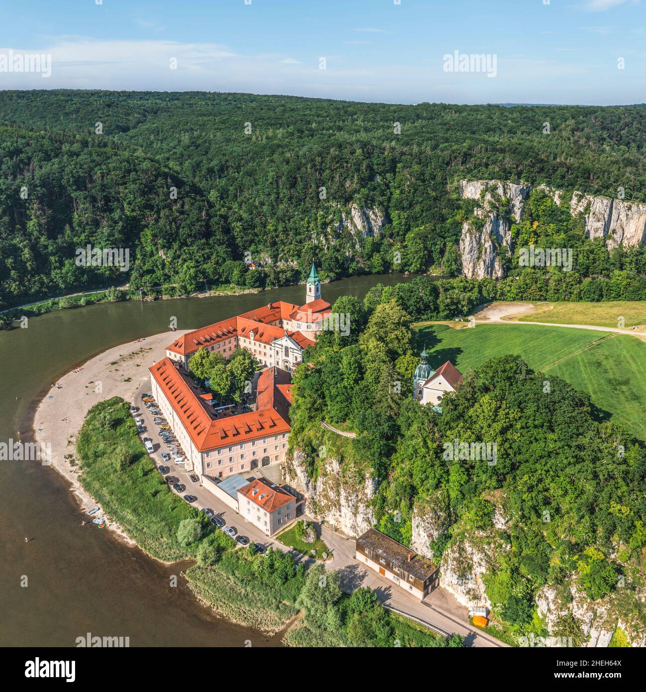 Impressive aerial views to Danube valley and gorge near monastery of Weltenburg Stock Photo
