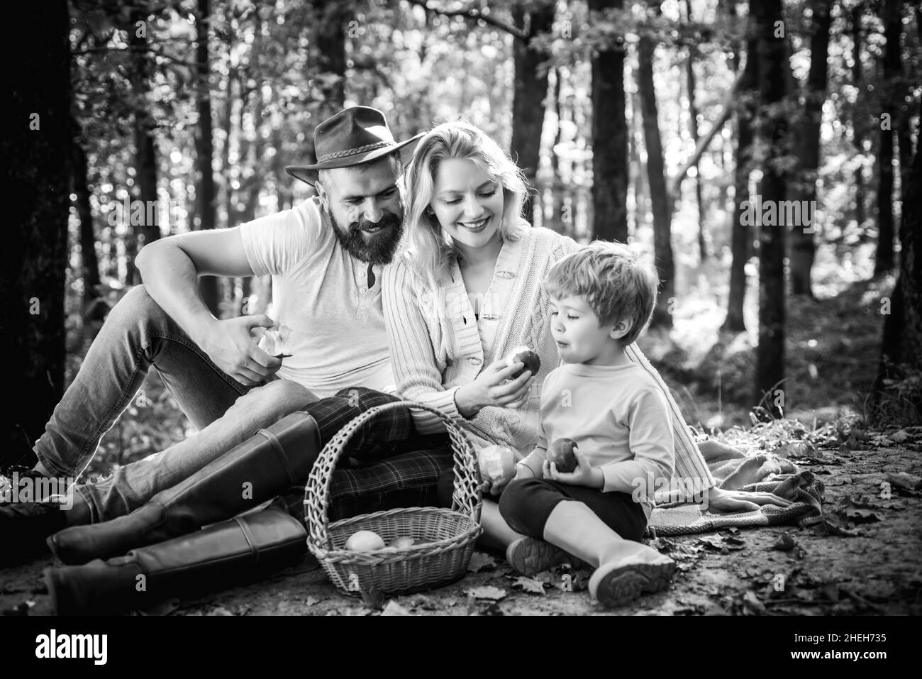 Picnic in nature. Country style family. Meaning of happy family. United