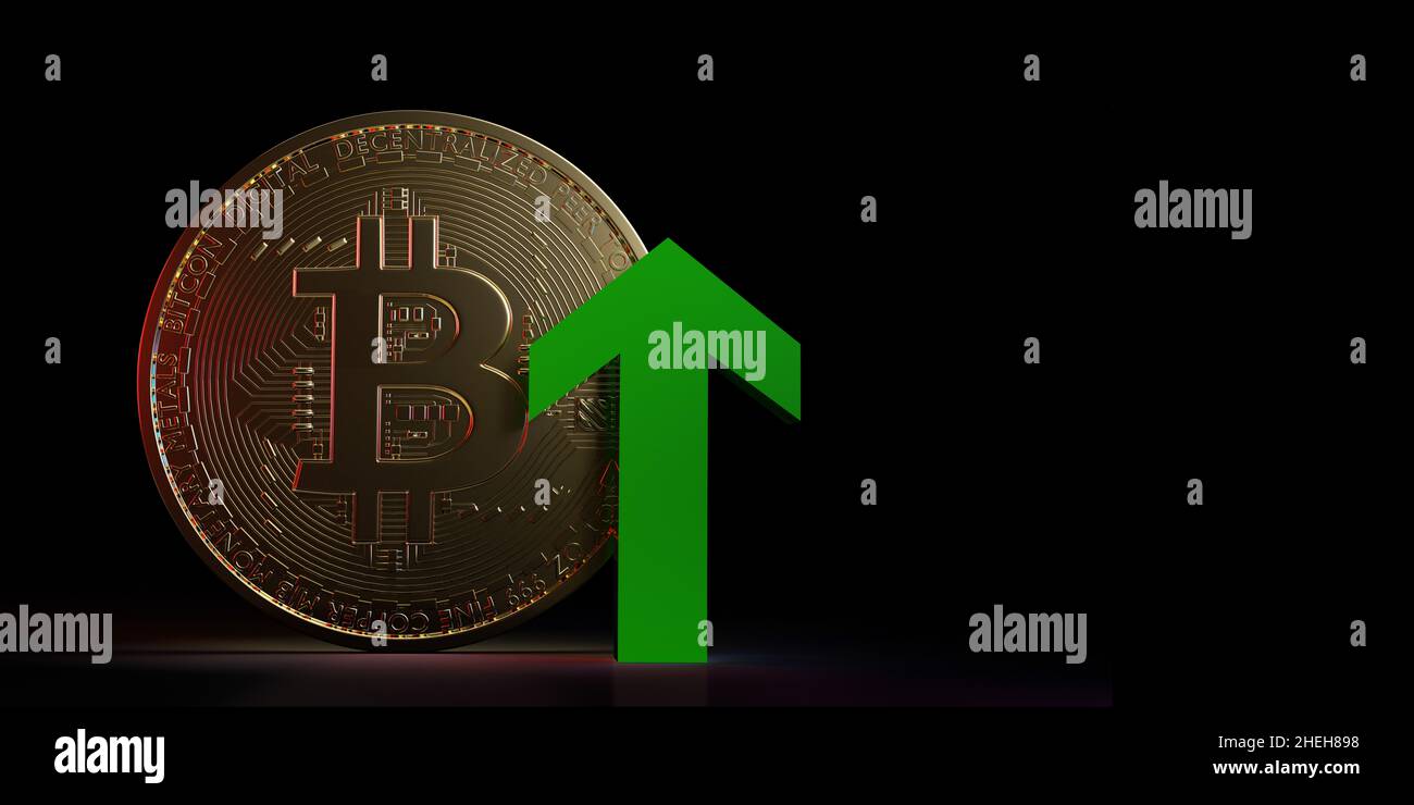 A golden bitcoin rising in international stock markets. Green arrow going up.  3D rendered DeFi cryptocurrency on dark background. Crypto currency Stock  Photo - Alamy