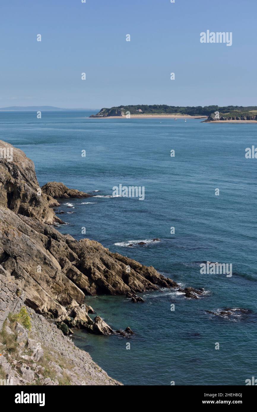 View of Caldey Island from Pembrokeshire Coast Path near Penally, Wales Stock Photo