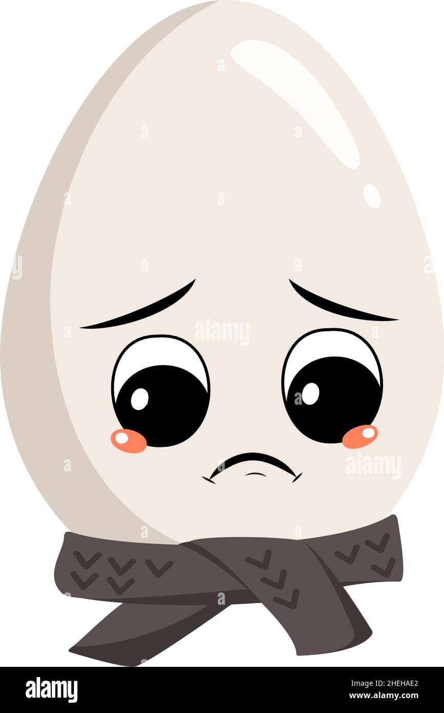 Cute egg character with sad emotions, depressed face, down eyes and scarf. Festive decoration for Easter. A mischievous culinary hero. Vector flat illustration Stock Vector