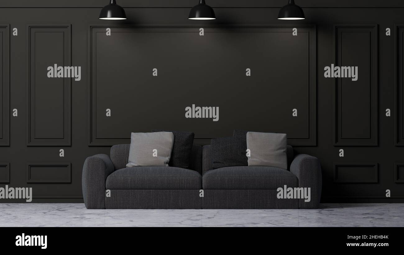 Modern stylish dark living room interior with cozy dark grey sofa over ...