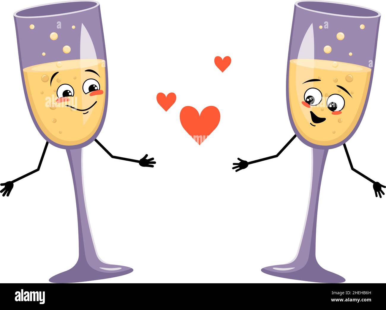 Glasses of sparkling wine character with love emotions, smile face, arms and legs. with joyful facial expression, glass container for holidays and parties. Vector flat illustration Stock Vector