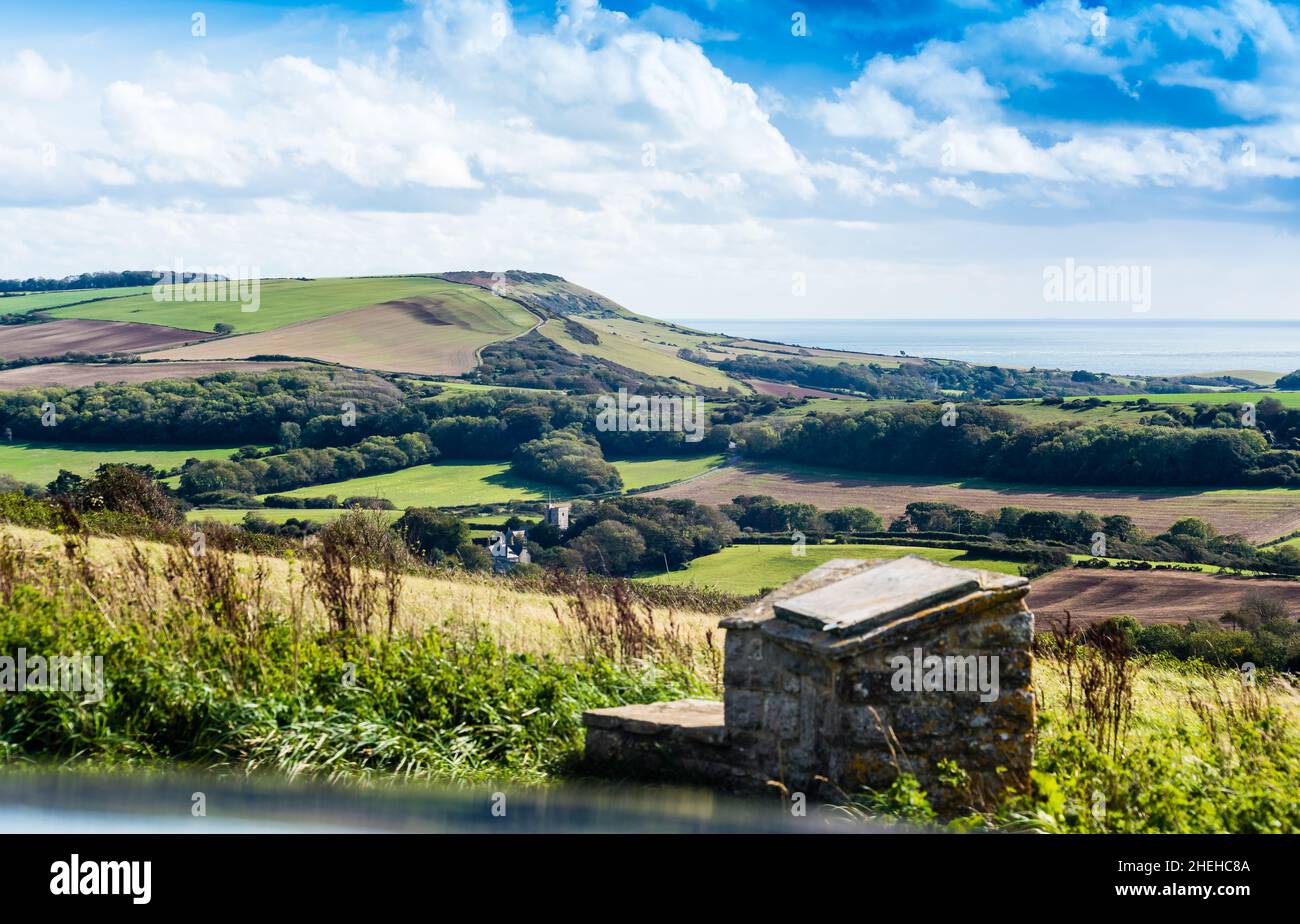 View of Steeple Village from the Purbeck Hills. Stock Photo