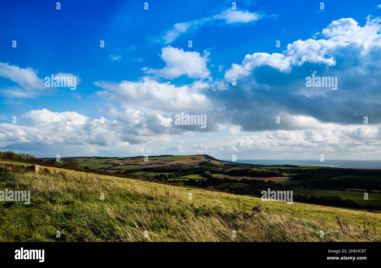 View towards Kimmeridge Bay from the Purbeck hills on a glorious autumn day. Stock Photo
