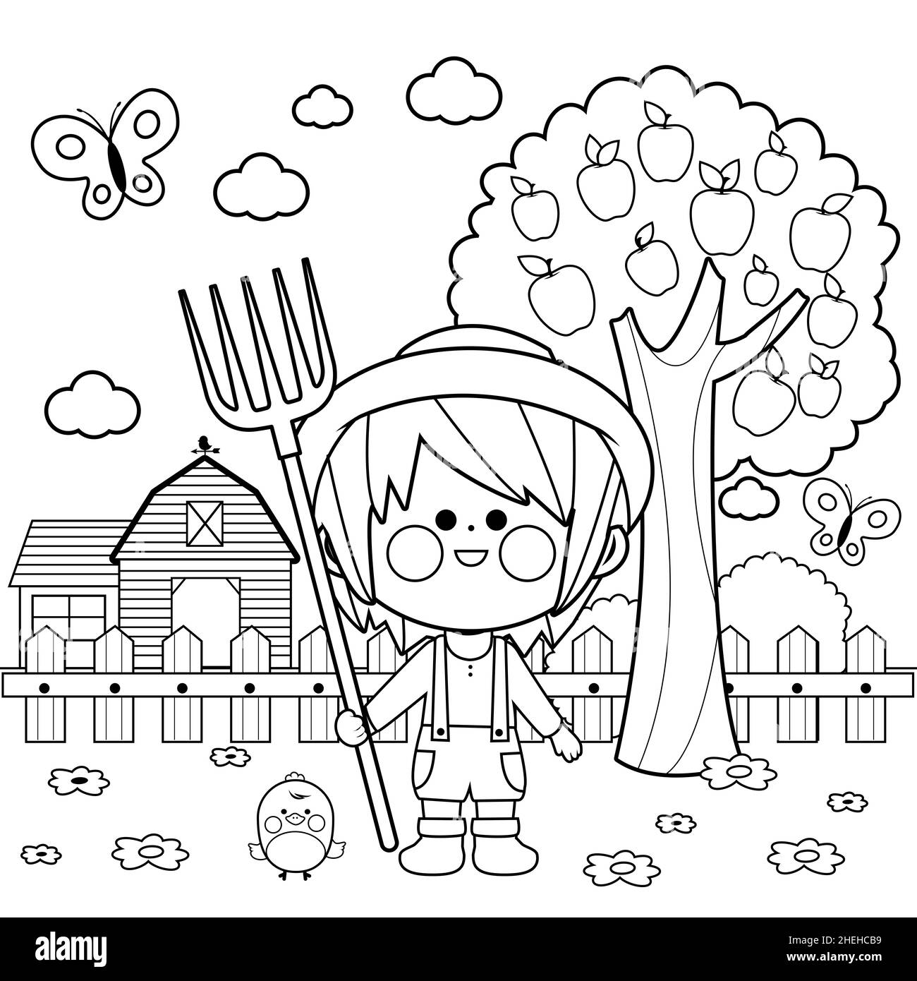 Little farmer boy at the farm. Black and white coloring page. Stock Photo