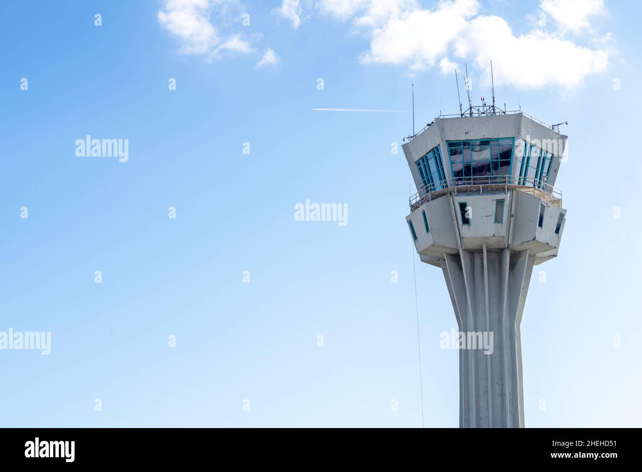 View of air traffic control tower in the Airport. Stock Photo
