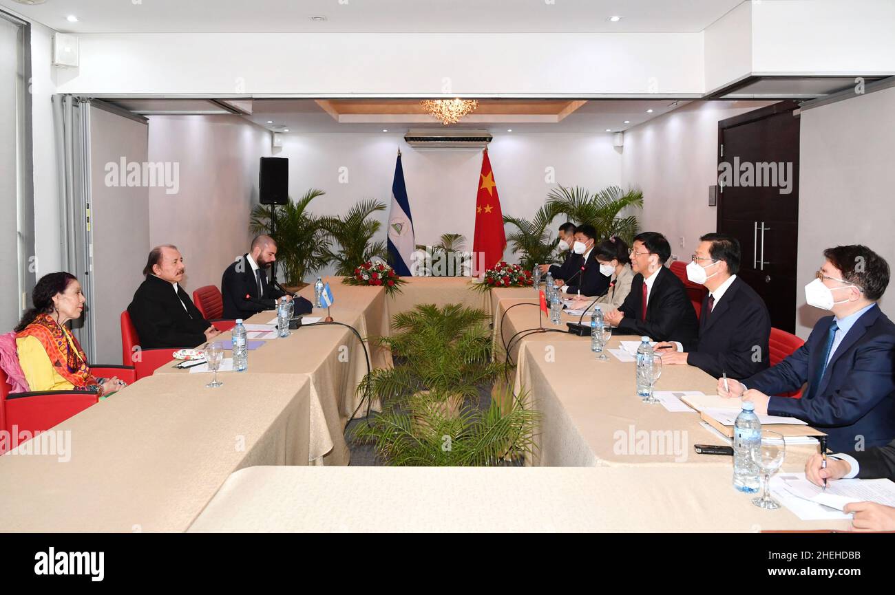 Managua, Nicaragua. 10th Jan, 2022. Chinese President Xi Jinping's special envoy Cao Jianming (3rd R), also vice chairman of the Standing Committee of the National People's Congress of China, meets with Nicaraguan President Daniel Ortega (2nd L) in Managua, Nicaragua, Jan. 10, 2022. Cao attended the inauguration ceremony of the Nicaraguan president for a new presidential term in Managua on Jan. 10. Credit: Xin Yuewei/Xinhua/Alamy Live News Stock Photo