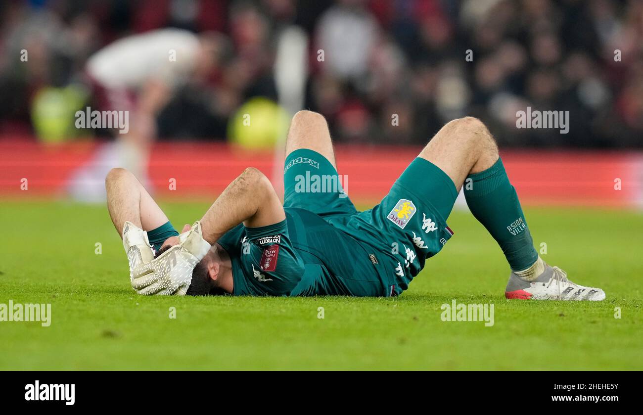 Manchester, England, 10th January 2022. Emiliano Martinez of Aston Villa reacts at the final whistle during the Emirates FA Cup match at Old Trafford, Manchester. Picture credit should read: Andrew Yates / Sportimage Stock Photo