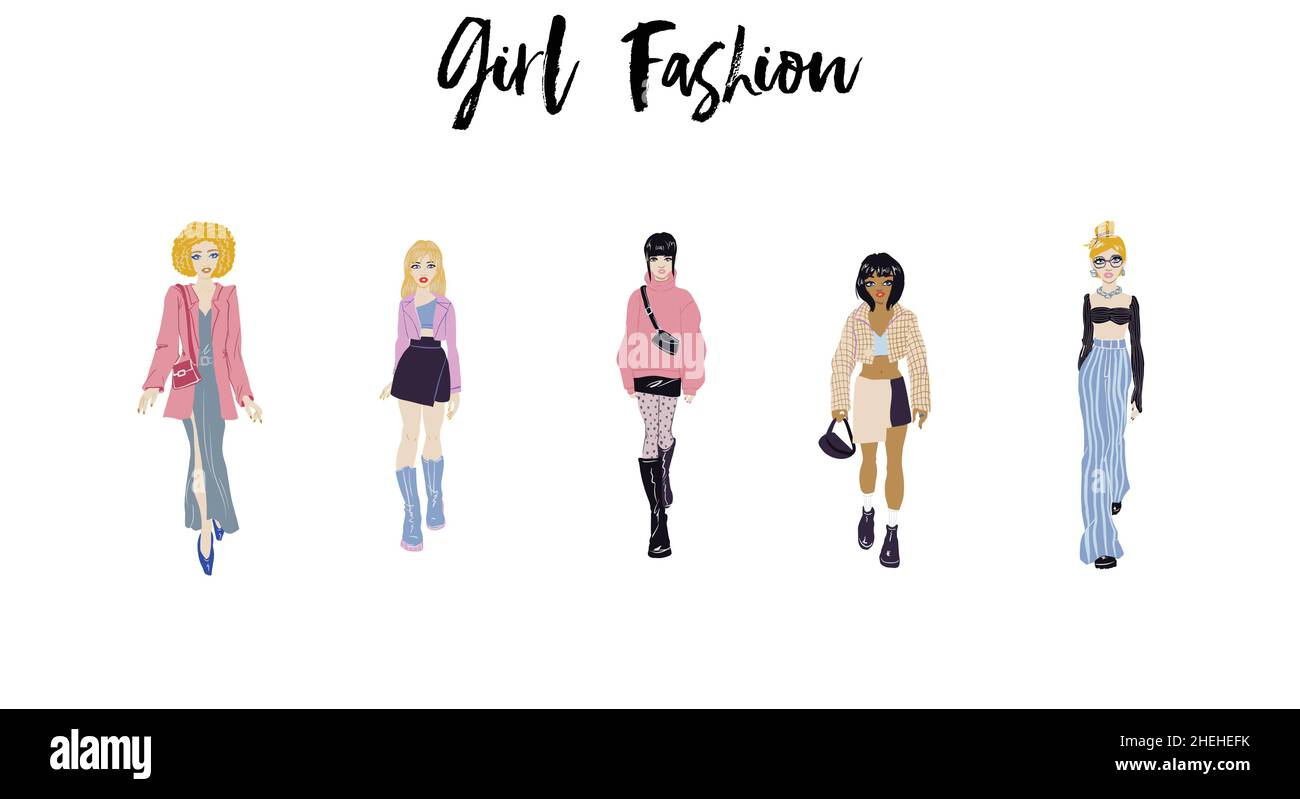 Collection of stylish young women dressed in trendy clothes. Vector ...