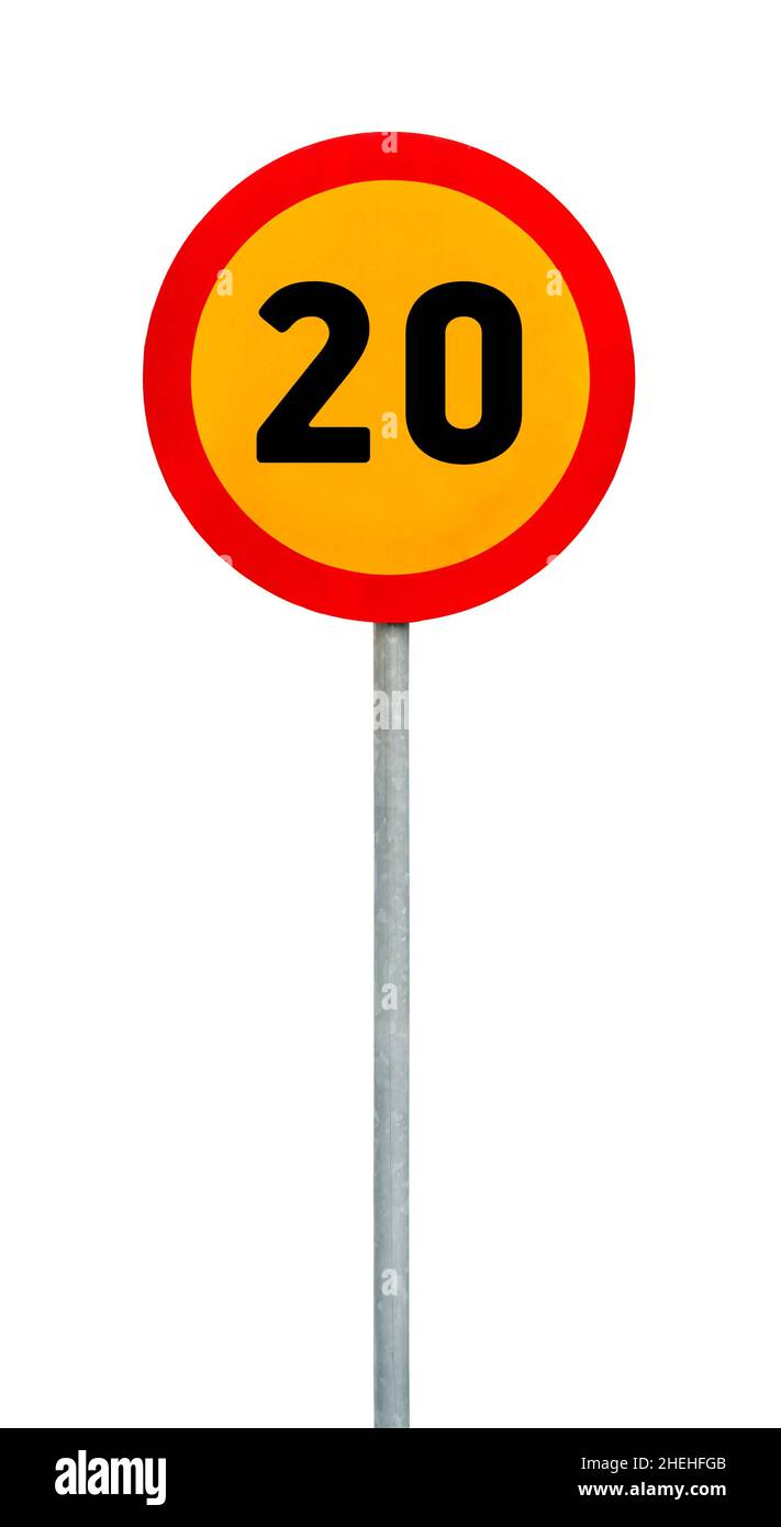 Yellow round speed limit road sign on rod Stock Photo Alamy