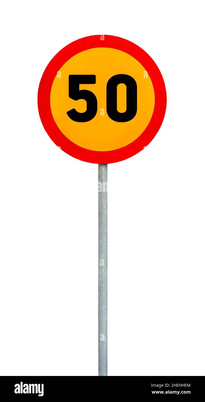 Yellow round speed limit road sign on rod Stock Photo Alamy